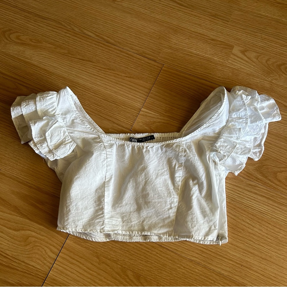 Zara White Ruffle Sleeve Cropped Blouse Small